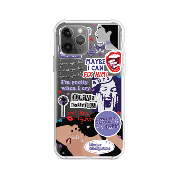 Funda transparente para iPhone con diseño tipo collage inspirado en el álbum GUTS de Olivia Rodrigo – Remark Mx