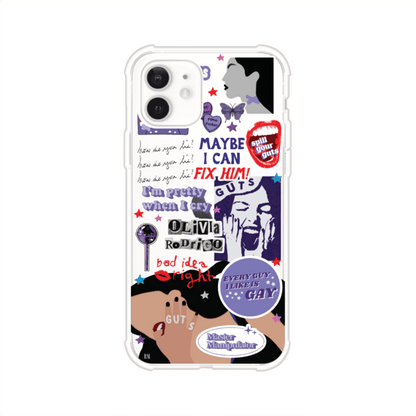Funda transparente para iPhone con diseño tipo collage inspirado en el álbum GUTS de Olivia Rodrigo – Remark Mx