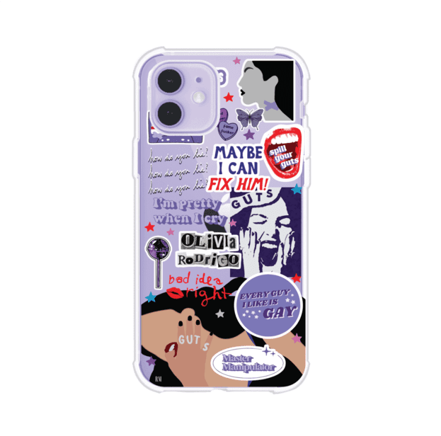 Funda transparente para iPhone con diseño tipo collage inspirado en el álbum GUTS de Olivia Rodrigo – Remark Mx