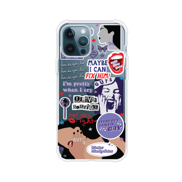 Funda transparente para iPhone con diseño tipo collage inspirado en el álbum GUTS de Olivia Rodrigo – Remark Mx