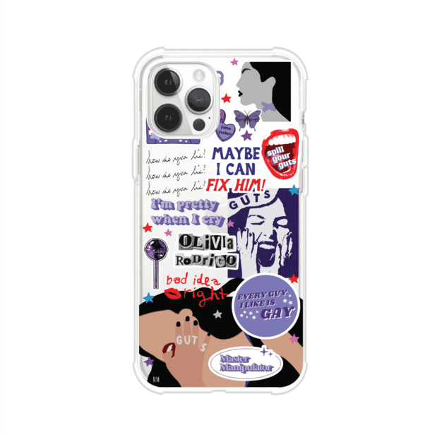 Funda transparente para iPhone con diseño tipo collage inspirado en el álbum GUTS de Olivia Rodrigo – Remark Mx