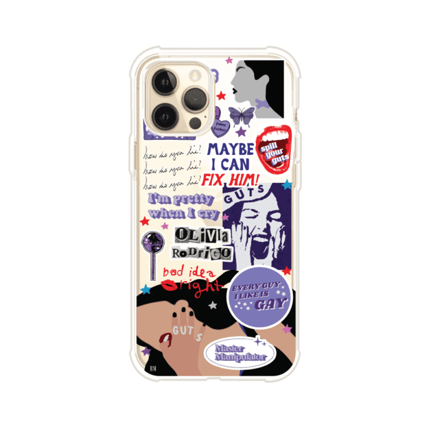 Funda transparente para iPhone con diseño tipo collage inspirado en el álbum GUTS de Olivia Rodrigo – Remark Mx