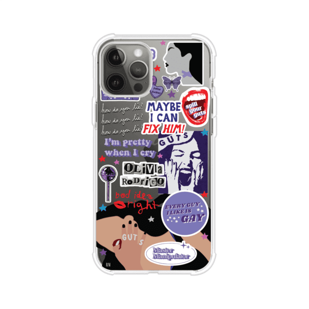 Funda transparente para iPhone con diseño tipo collage inspirado en el álbum GUTS de Olivia Rodrigo – Remark Mx