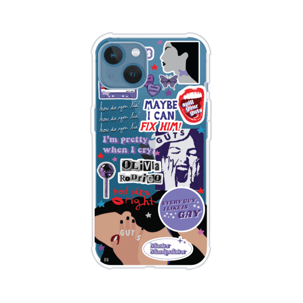 Funda transparente para iPhone con diseño tipo collage inspirado en el álbum GUTS de Olivia Rodrigo – Remark Mx