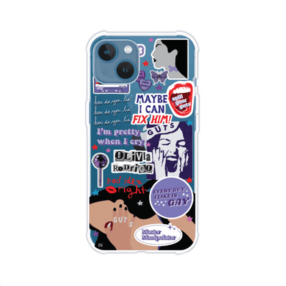 Funda transparente para iPhone con diseño tipo collage inspirado en el álbum GUTS de Olivia Rodrigo – Remark Mx