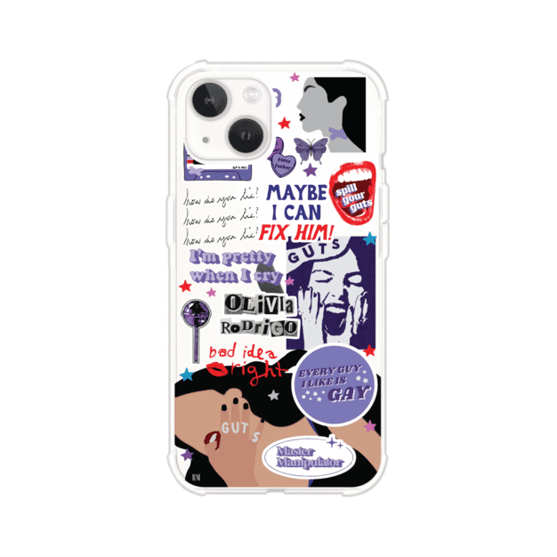 Funda transparente para iPhone con diseño tipo collage inspirado en el álbum GUTS de Olivia Rodrigo – Remark Mx