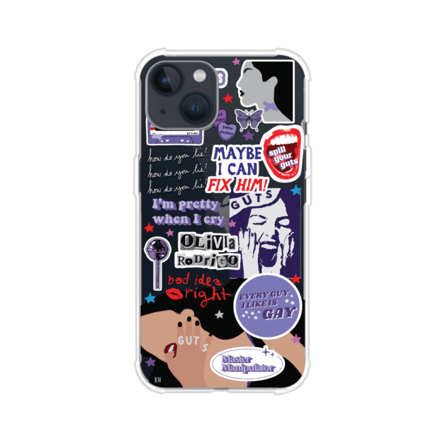 Funda transparente para iPhone con diseño tipo collage inspirado en el álbum GUTS de Olivia Rodrigo – Remark Mx