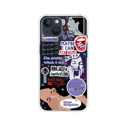 Funda transparente para iPhone con diseño tipo collage inspirado en el álbum GUTS de Olivia Rodrigo – Remark Mx