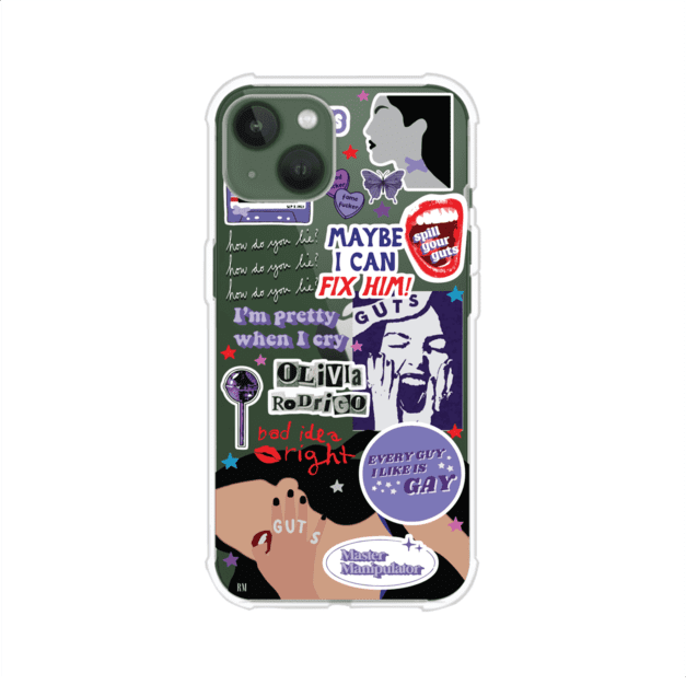 Funda transparente para iPhone con diseño tipo collage inspirado en el álbum GUTS de Olivia Rodrigo – Remark Mx