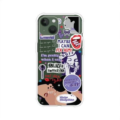 Funda transparente para iPhone con diseño tipo collage inspirado en el álbum GUTS de Olivia Rodrigo – Remark Mx