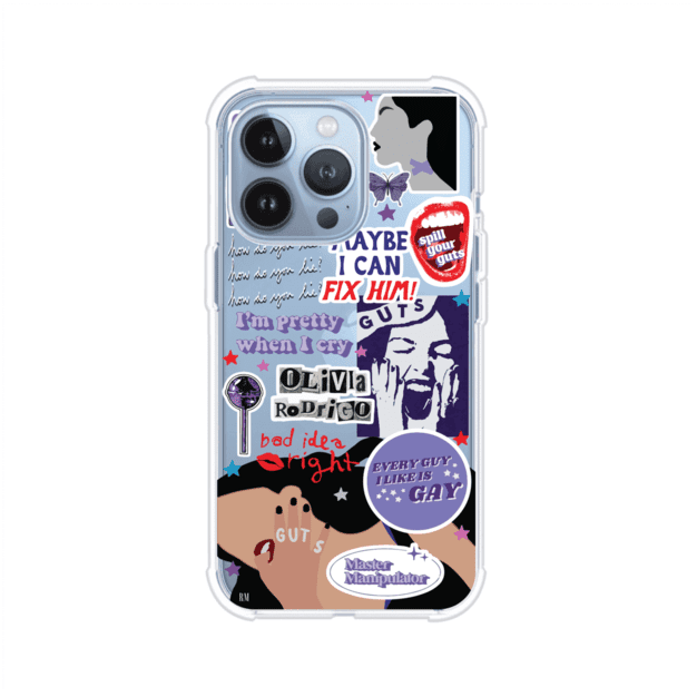 Funda transparente para iPhone con diseño tipo collage inspirado en el álbum GUTS de Olivia Rodrigo – Remark Mx