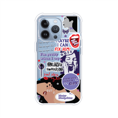 Funda transparente para iPhone con diseño tipo collage inspirado en el álbum GUTS de Olivia Rodrigo – Remark Mx