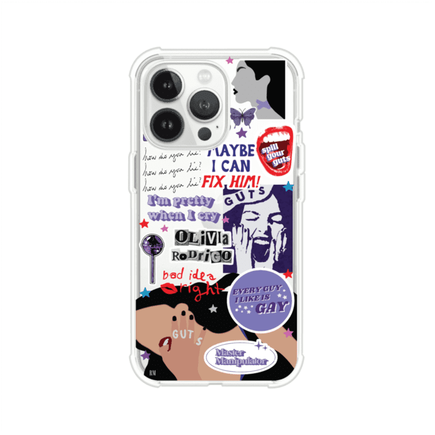 Funda transparente para iPhone con diseño tipo collage inspirado en el álbum GUTS de Olivia Rodrigo – Remark Mx