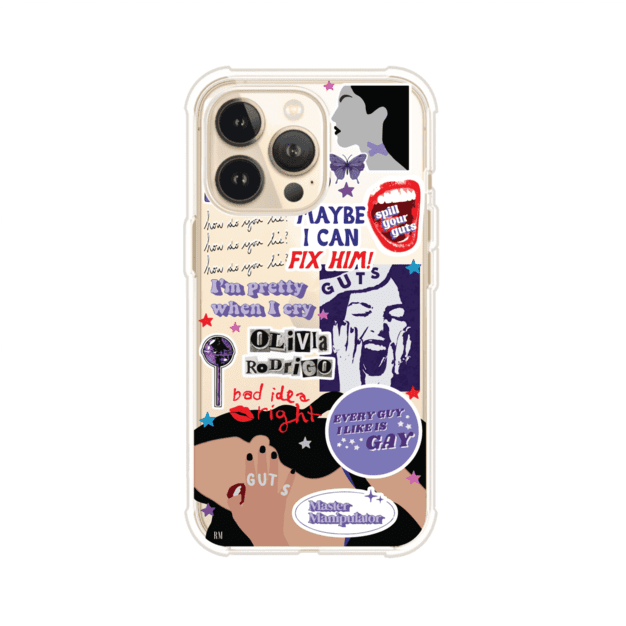 Funda transparente para iPhone con diseño tipo collage inspirado en el álbum GUTS de Olivia Rodrigo – Remark Mx