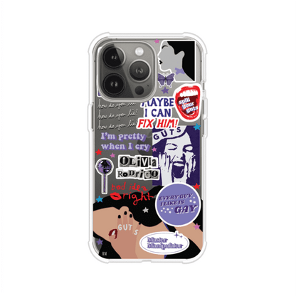 Funda transparente para iPhone con diseño tipo collage inspirado en el álbum GUTS de Olivia Rodrigo – Remark Mx