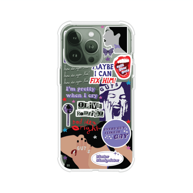 Funda transparente para iPhone con diseño tipo collage inspirado en el álbum GUTS de Olivia Rodrigo – Remark Mx