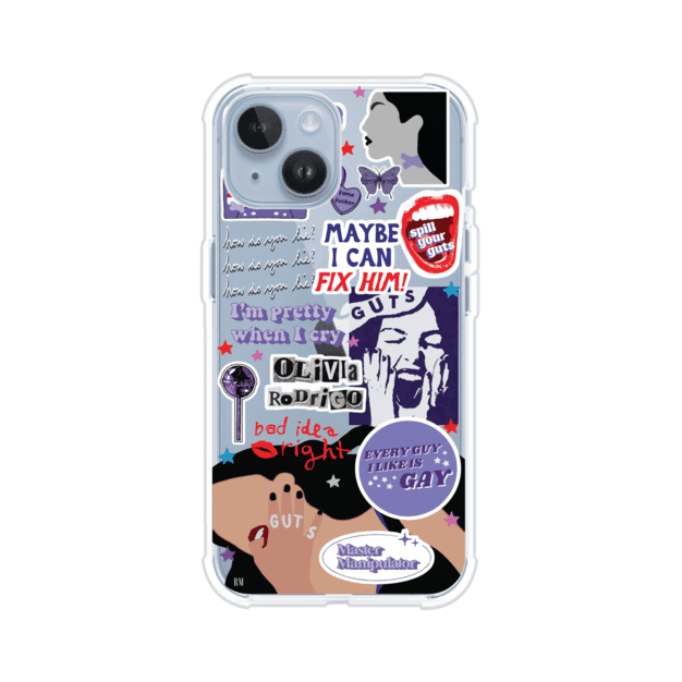 Funda transparente para iPhone con diseño tipo collage inspirado en el álbum GUTS de Olivia Rodrigo – Remark Mx