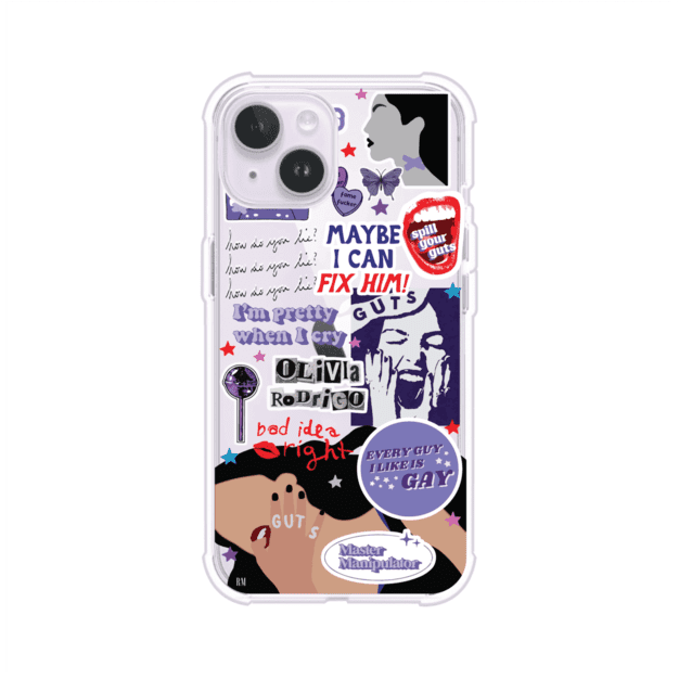 Funda transparente para iPhone con diseño tipo collage inspirado en el álbum GUTS de Olivia Rodrigo – Remark Mx