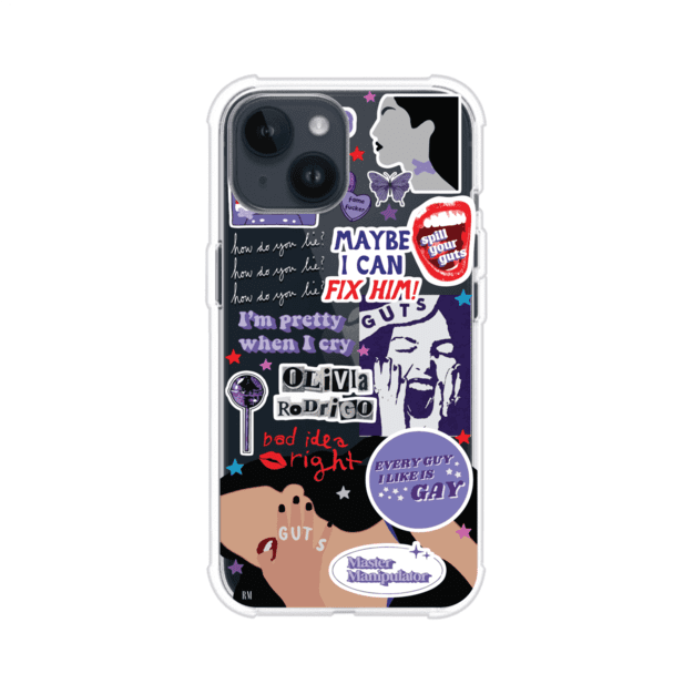 Funda transparente para iPhone con diseño tipo collage inspirado en el álbum GUTS de Olivia Rodrigo – Remark Mx