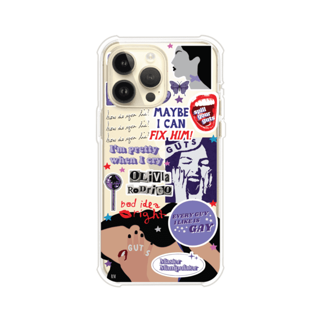 Funda transparente para iPhone con diseño tipo collage inspirado en el álbum GUTS de Olivia Rodrigo – Remark Mx