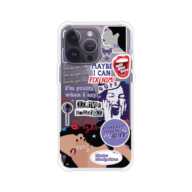 Funda transparente para iPhone con diseño tipo collage inspirado en el álbum GUTS de Olivia Rodrigo – Remark Mx