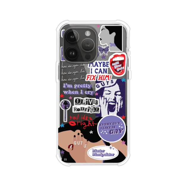 Funda transparente para iPhone con diseño tipo collage inspirado en el álbum GUTS de Olivia Rodrigo – Remark Mx