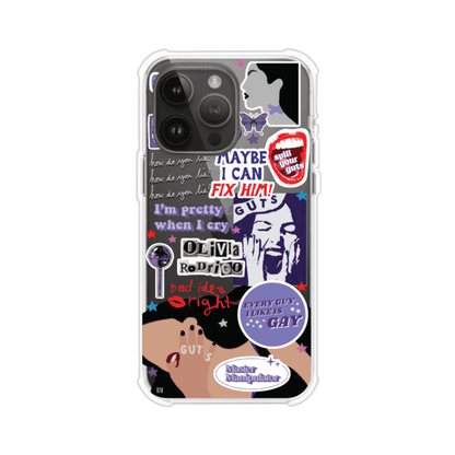 Funda transparente para iPhone con diseño tipo collage inspirado en el álbum GUTS de Olivia Rodrigo – Remark Mx