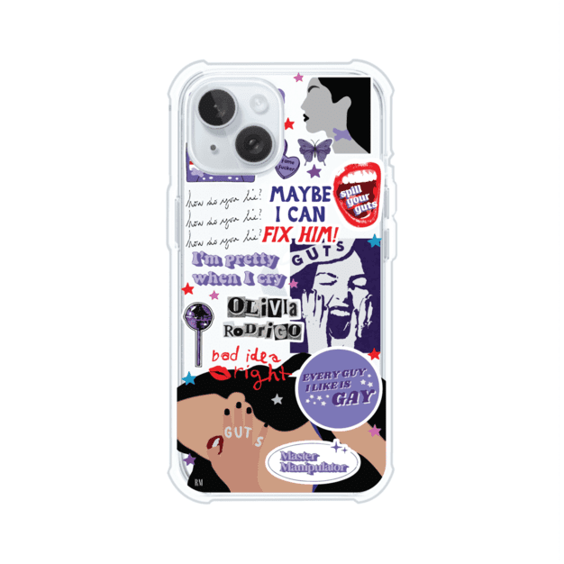 Funda transparente para iPhone con diseño tipo collage inspirado en el álbum GUTS de Olivia Rodrigo – Remark Mx