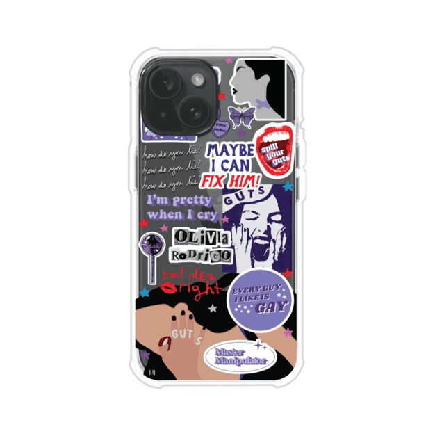 Funda transparente para iPhone con diseño tipo collage inspirado en el álbum GUTS de Olivia Rodrigo – Remark Mx