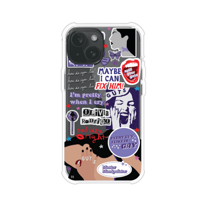 Funda transparente para iPhone con diseño tipo collage inspirado en el álbum GUTS de Olivia Rodrigo – Remark Mx