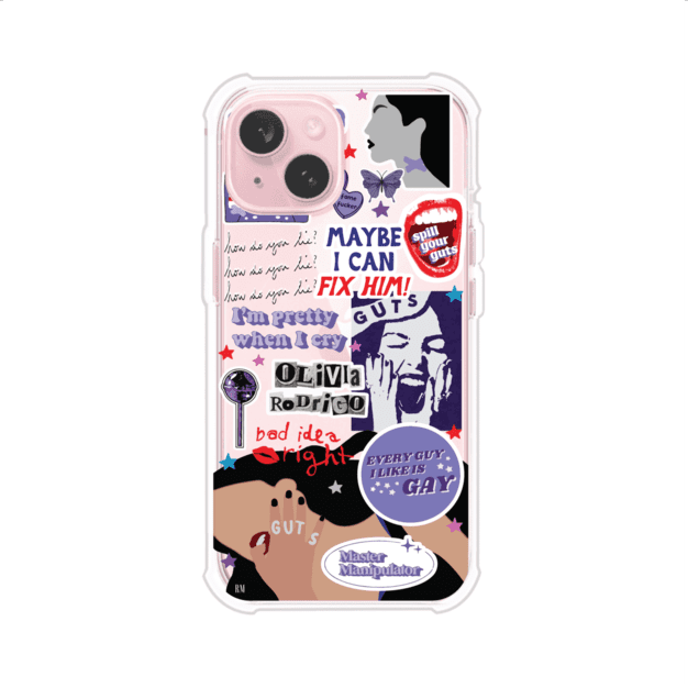 Funda transparente para iPhone con diseño tipo collage inspirado en el álbum GUTS de Olivia Rodrigo – Remark Mx