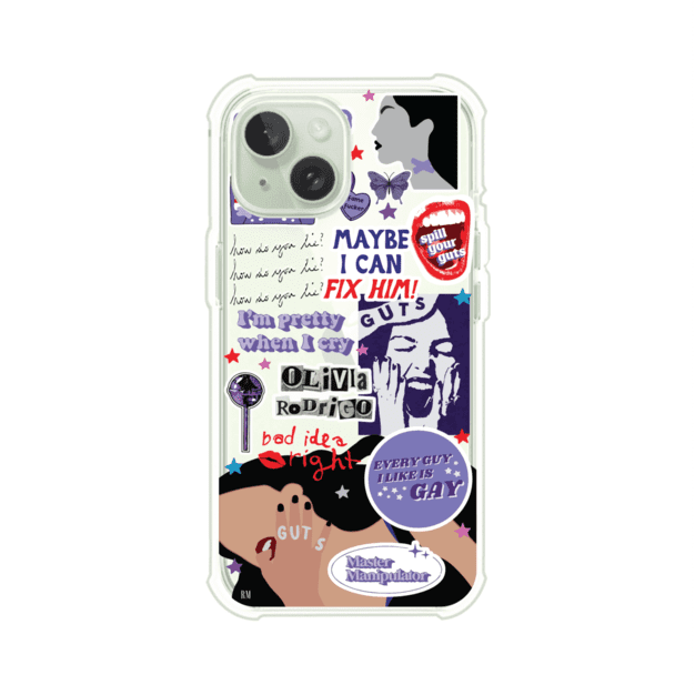 Funda transparente para iPhone con diseño tipo collage inspirado en el álbum GUTS de Olivia Rodrigo – Remark Mx