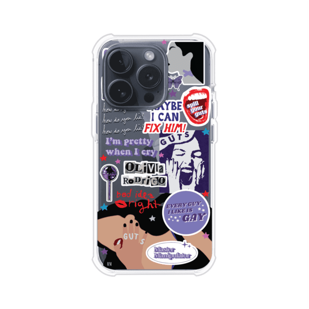 Funda transparente para iPhone con diseño tipo collage inspirado en el álbum GUTS de Olivia Rodrigo – Remark Mx