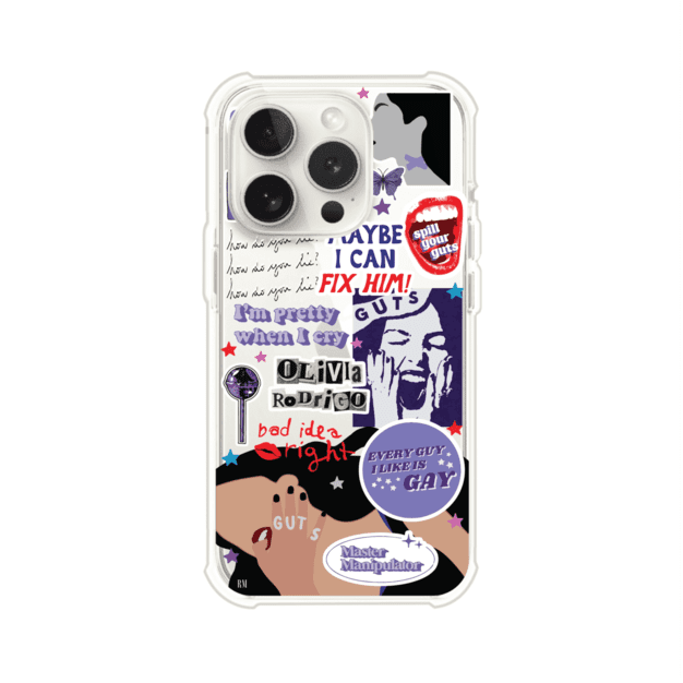 Funda transparente para iPhone con diseño tipo collage inspirado en el álbum GUTS de Olivia Rodrigo – Remark Mx