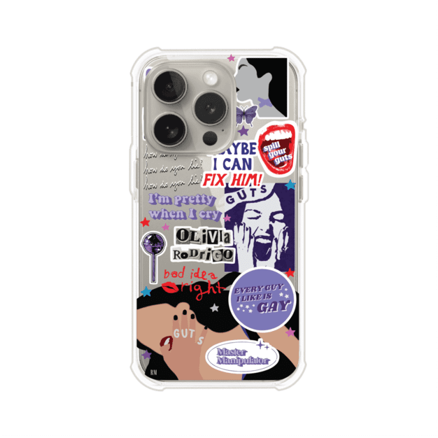 Funda transparente para iPhone con diseño tipo collage inspirado en el álbum GUTS de Olivia Rodrigo – Remark Mx