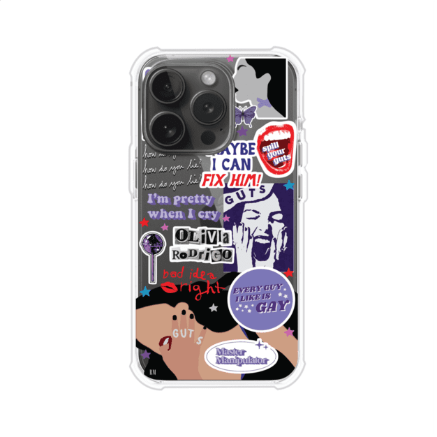 Funda transparente para iPhone con diseño tipo collage inspirado en el álbum GUTS de Olivia Rodrigo – Remark Mx