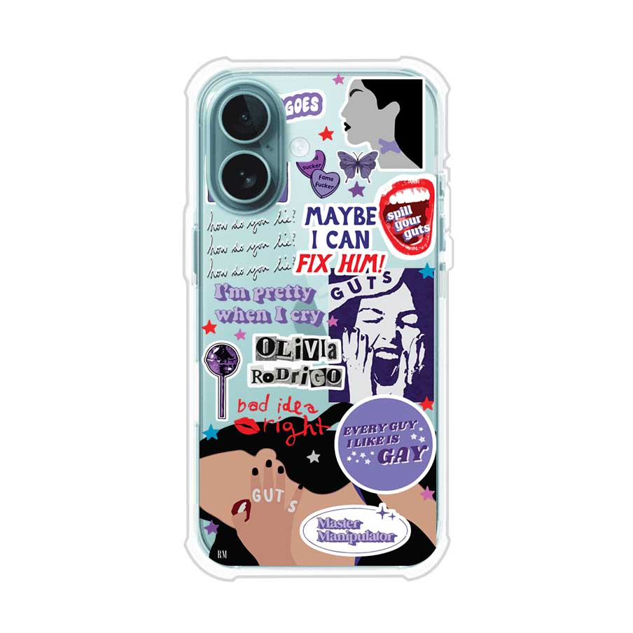Funda transparente para iPhone con diseño tipo collage inspirado en el álbum GUTS de Olivia Rodrigo – Remark Mx