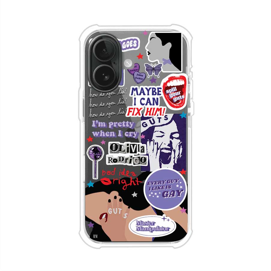 Funda transparente para iPhone con diseño tipo collage inspirado en el álbum GUTS de Olivia Rodrigo – Remark Mx