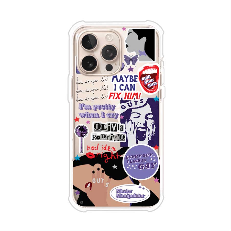 Funda transparente para iPhone con diseño tipo collage inspirado en el álbum GUTS de Olivia Rodrigo – Remark Mx