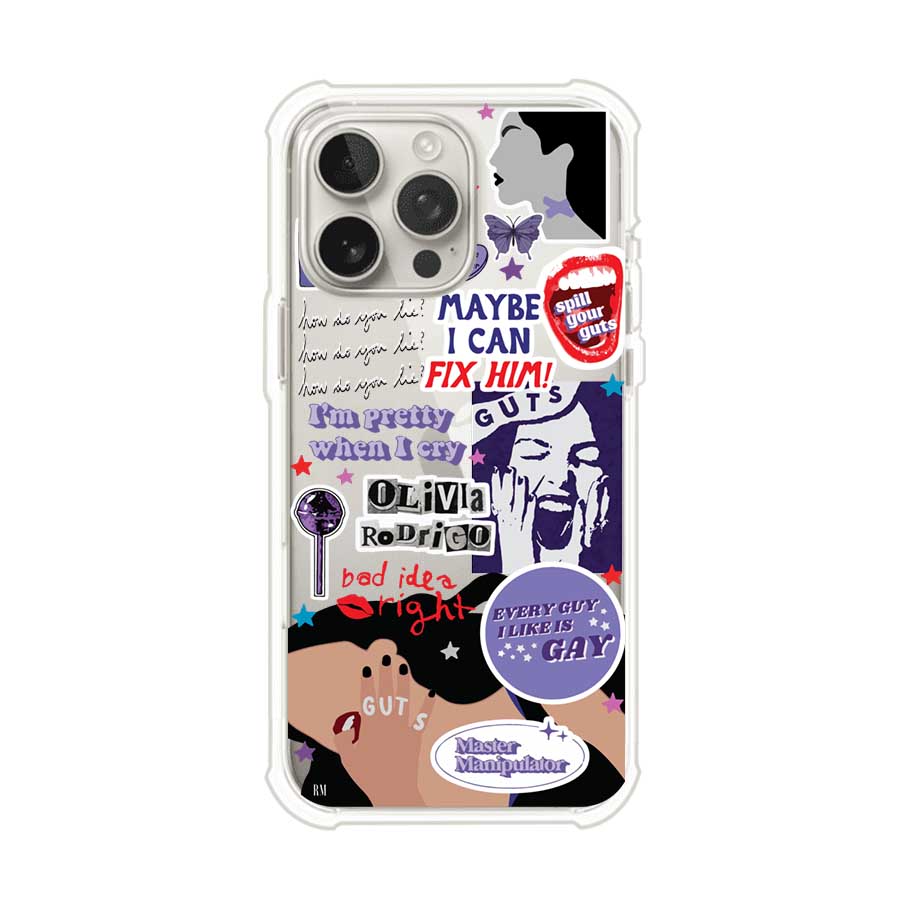 Funda transparente para iPhone con diseño tipo collage inspirado en el álbum GUTS de Olivia Rodrigo – Remark Mx