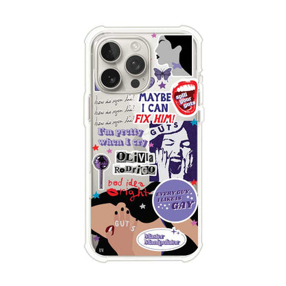 Funda transparente para iPhone con diseño tipo collage inspirado en el álbum GUTS de Olivia Rodrigo – Remark Mx