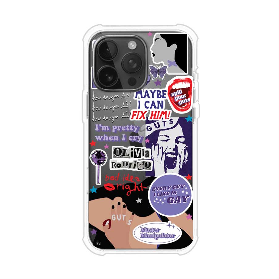 Funda transparente para iPhone con diseño tipo collage inspirado en el álbum GUTS de Olivia Rodrigo – Remark Mx