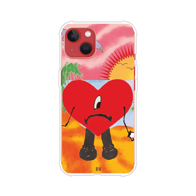 Funda para iPhone inspirada en el álbum "Un Verano Sin Ti" de Bad Bunny. Diseño con fondo de playa, palmeras, atardecer, delfines y el icónico corazón triste con piernas. Estilo colorido, urbano y veraniego. Producto de Remark Mx