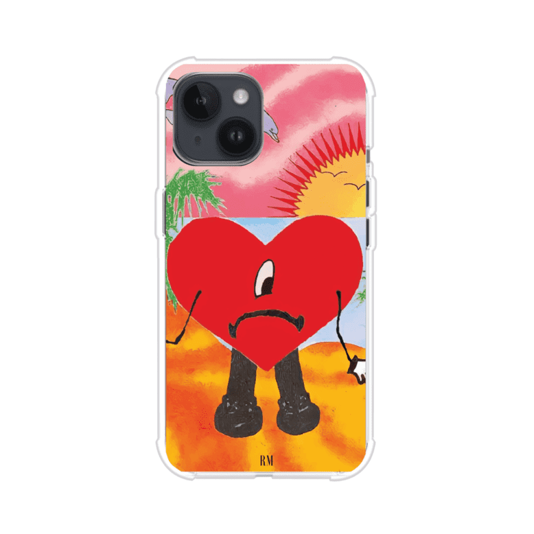 Funda para iPhone inspirada en el álbum "Un Verano Sin Ti" de Bad Bunny. Diseño con fondo de playa, palmeras, atardecer, delfines y el icónico corazón triste con piernas. Estilo colorido, urbano y veraniego. Producto de Remark Mx
