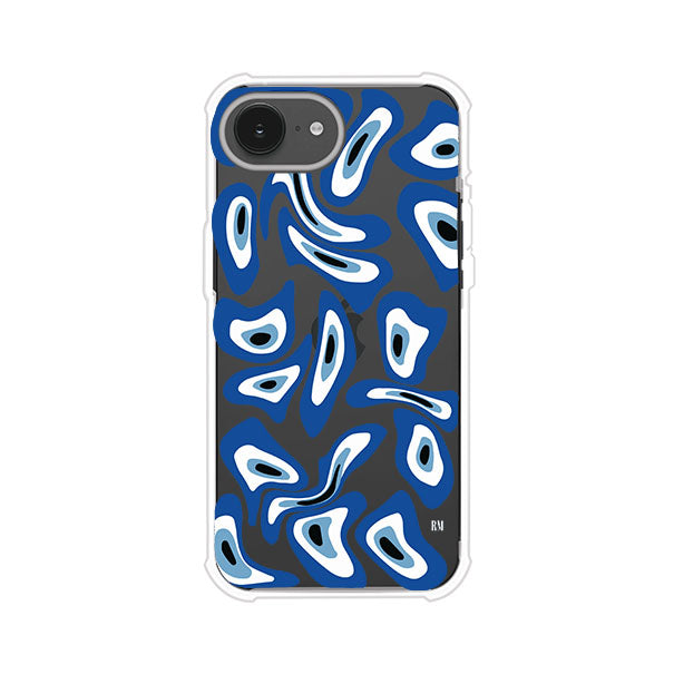 Funda para iPhone con diseño de ojos turcos en tonos azul y blanco, símbolo de protección.
iPhone case featuring Turkish evil eye pattern in blue and white, symbol of protection