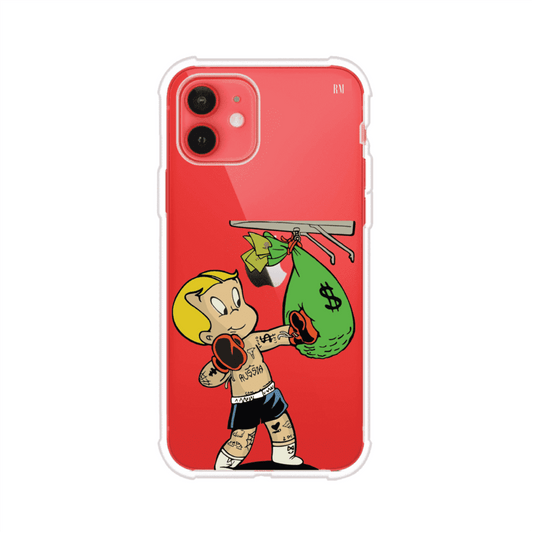 Funda para iPhone con dibujo de Richie Rich como boxeador sosteniendo una bolsa de dinero sobre fondo rojo – Remark Mx