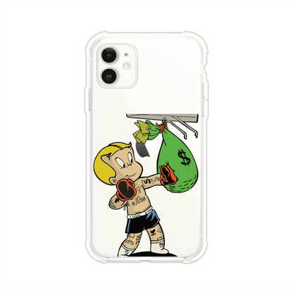 Funda para iPhone con dibujo de Richie Rich como boxeador sosteniendo una bolsa de dinero sobre fondo rojo – Remark Mx