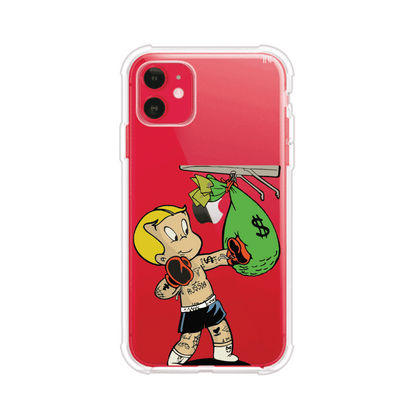 Funda para iPhone con dibujo de Richie Rich como boxeador sosteniendo una bolsa de dinero sobre fondo rojo – Remark Mx