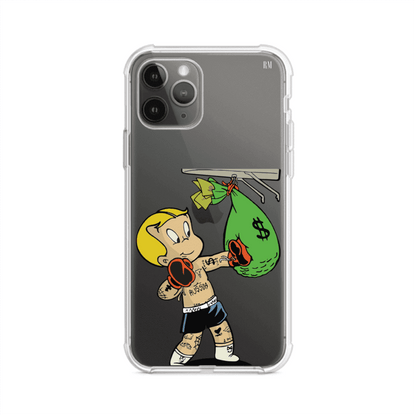 Funda para iPhone con dibujo de Richie Rich como boxeador sosteniendo una bolsa de dinero sobre fondo rojo – Remark Mx