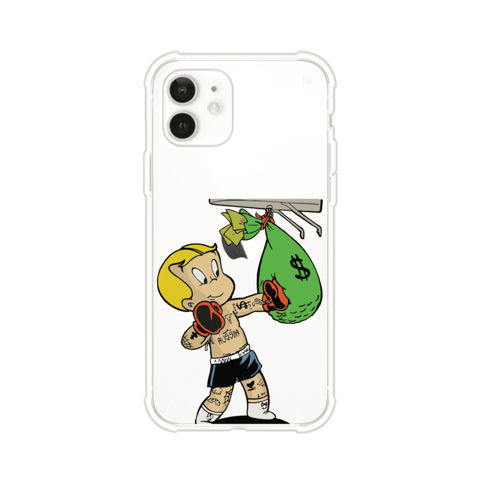 Funda para iPhone con dibujo de Richie Rich como boxeador sosteniendo una bolsa de dinero sobre fondo rojo – Remark Mx